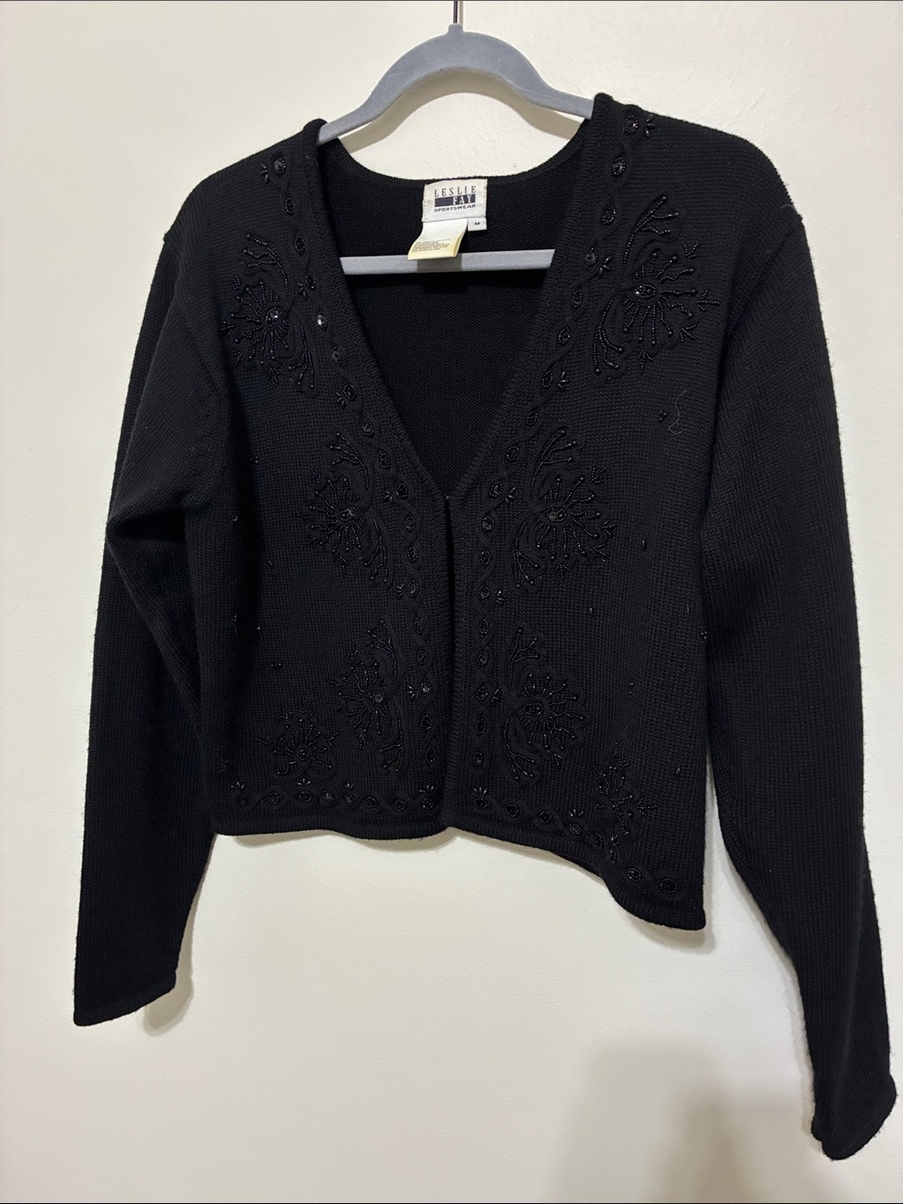 VINTAGE Leslie Fay Black Beaded V-Neck Cardigan